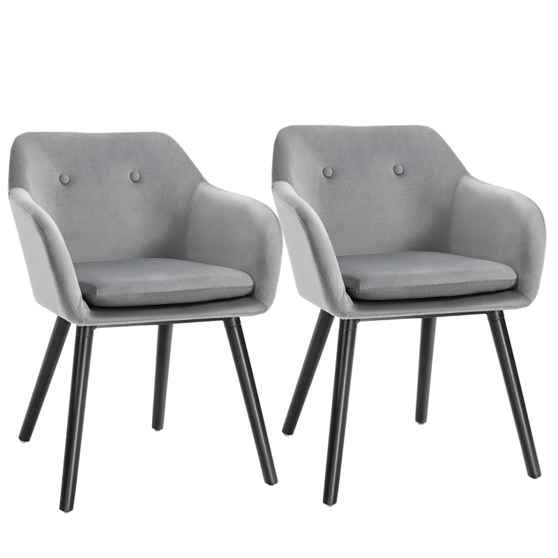 Modern Velvet Dining Chairs Set of 2 - Upholstered Leisure Chairs with Backrest & Armrests for Home Office & Kitchen - Grey