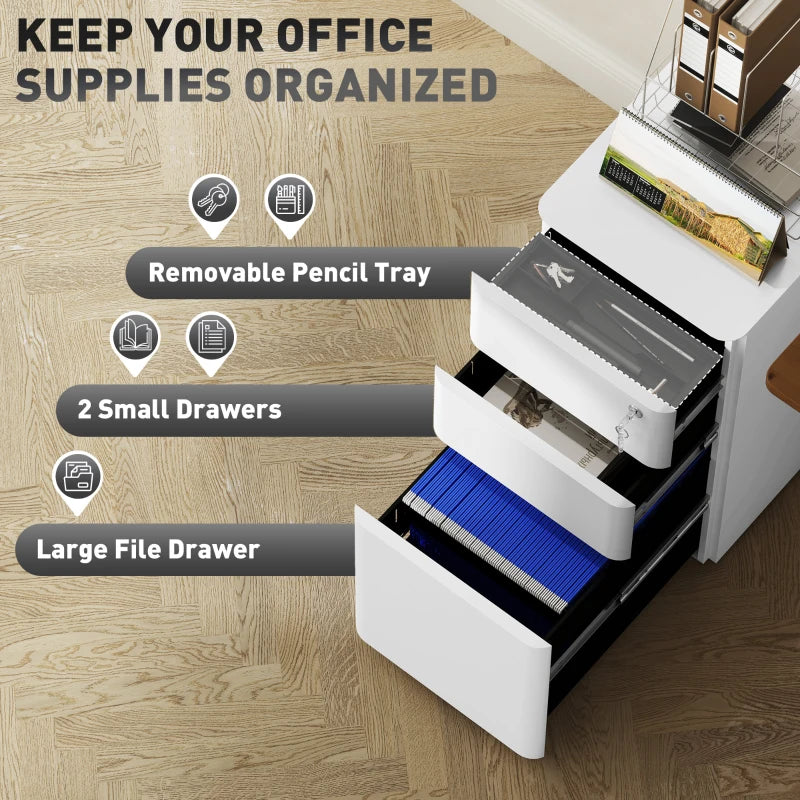 Vinsetto White 3-Drawer Steel Filing Cabinet with Lock - Secure Storage Solution for Home or Office