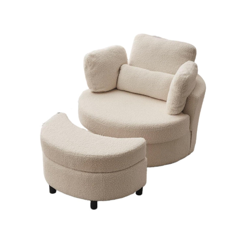Teddy Swivel Armchair with Cushions and Ottoman Stool, 360° Recliner Sofa, White, 107L x 105W x 82H cm