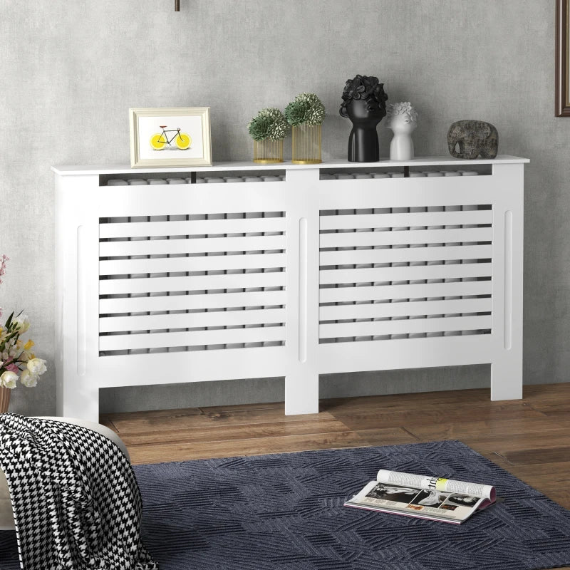 Modern White MDF Radiator Cover Cabinet with Horizontal Slats for Living Room Bedroom 152L x 19W x 81H cm