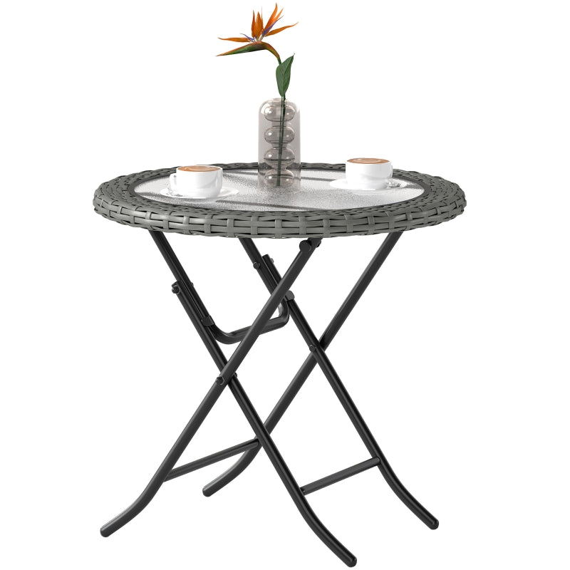 Folding Round Tempered Glass Garden Table - 60cm, Grey Rattan Edging