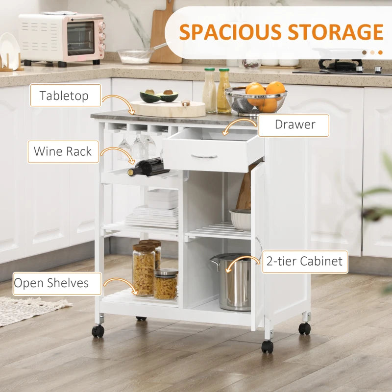 Compact Kitchen Trolley Utility Cart on Wheels with Wine Rack, Drawer & Storage Cabinet - White Dining Room Organizer