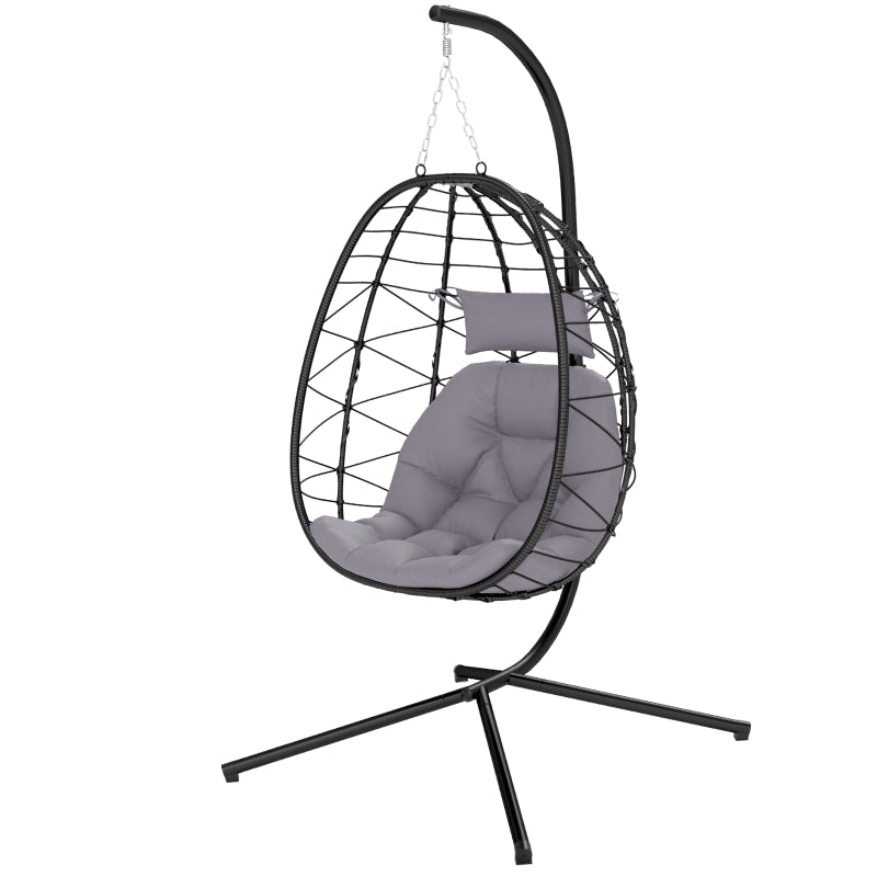 Hanging Egg Chair - Grey Outdoor Indoor Garden Swing Chair with Stand, Thickened Cushion & Headrest - Folding Basket for Patio & Balcony