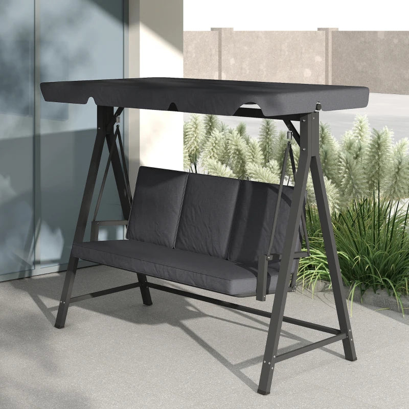 Dark Grey Three-Seater Garden Swing Bench with Adjustable Canopy for Outdoor Relaxation
