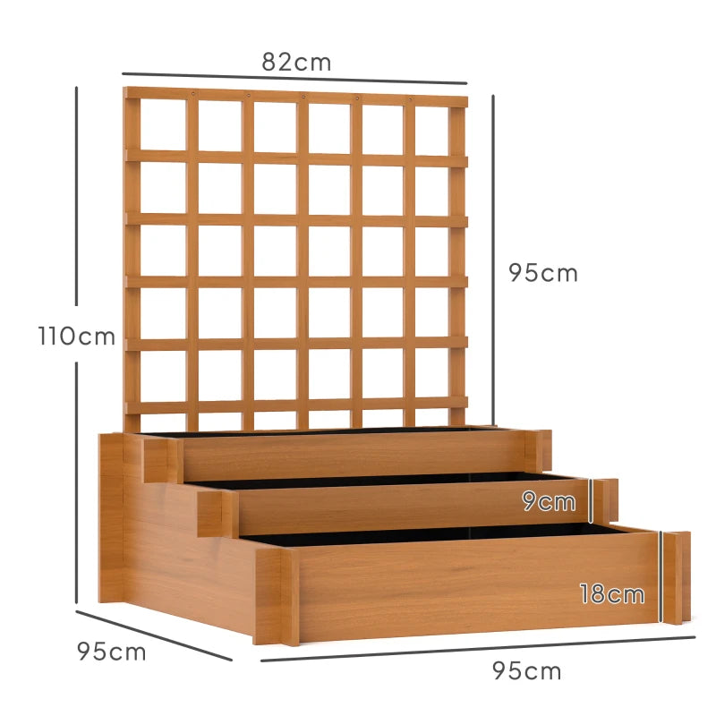 3 Tier Wooden Garden Planters with Trellis for Climbing Vines, Brown, 95x95x110cm