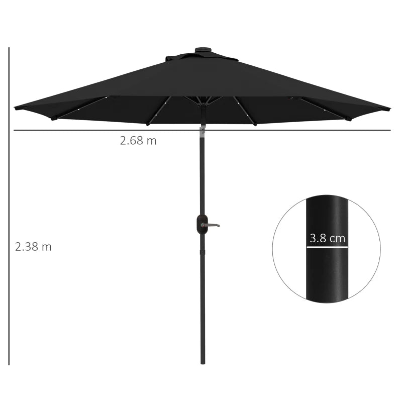 Black 2.7m Patio Umbrella with Tilt Crank and LED Lights