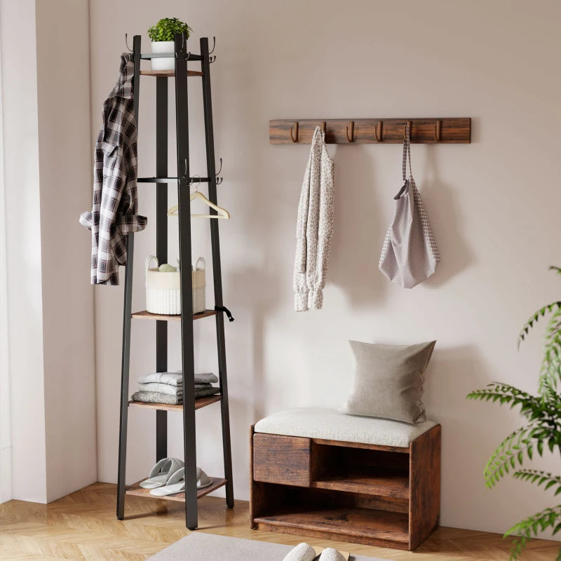 Industrial-Style Four Shelf Coat Stand - Rustic Brown and Black Entryway Organizer for Coats, Hats, and Accessories
