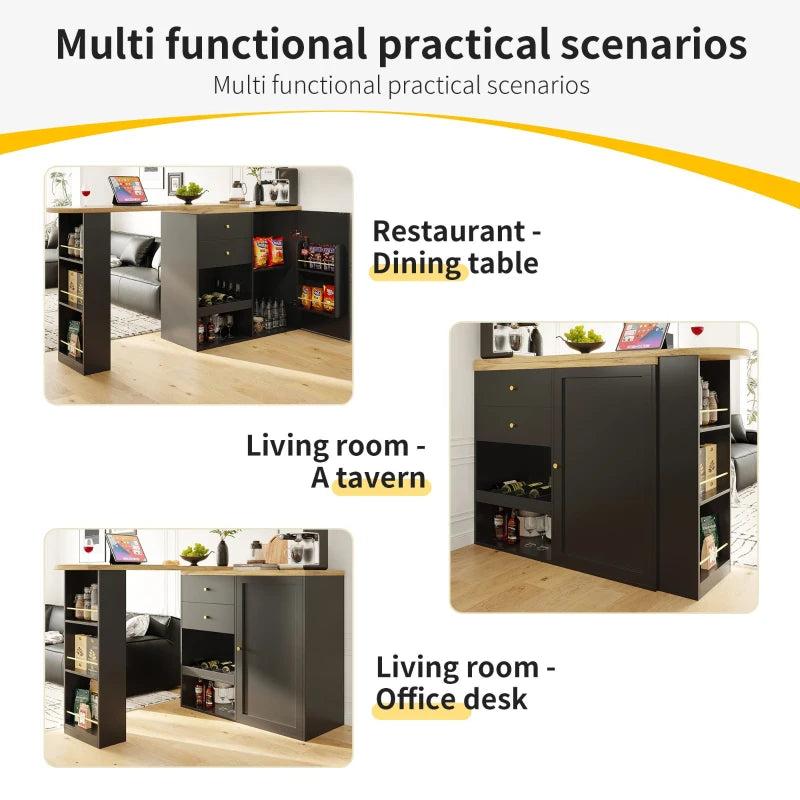 360° Swiveling Bar Table with 2 Drawers & Multi-Tiered Shelves - Stylish Storage Cabinet for Living Room & Study, Black