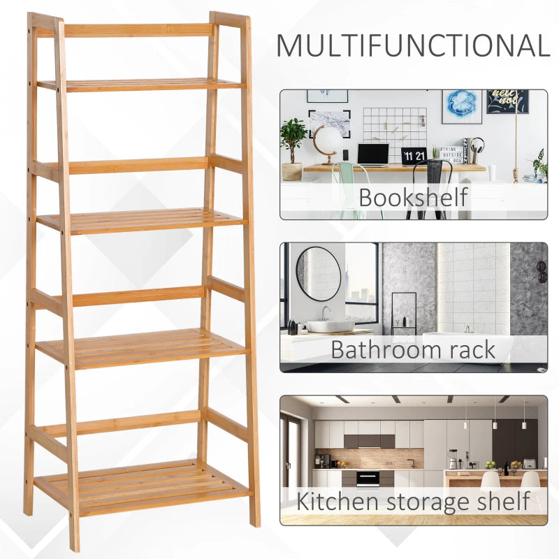 Bamboo Ladder Shelf - 4-Tier Freestanding Bookcase for Living Room, Study & Home Office - Natural Wood Effect, 48x31.5x120cm