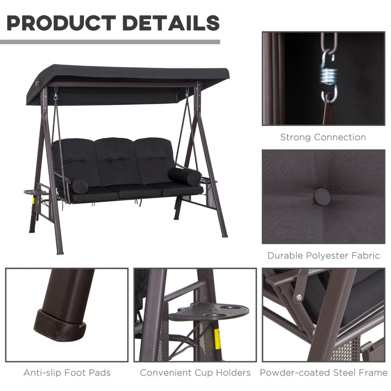 Black 3-Seater Swing Hammock Chair with Canopy and Cushion