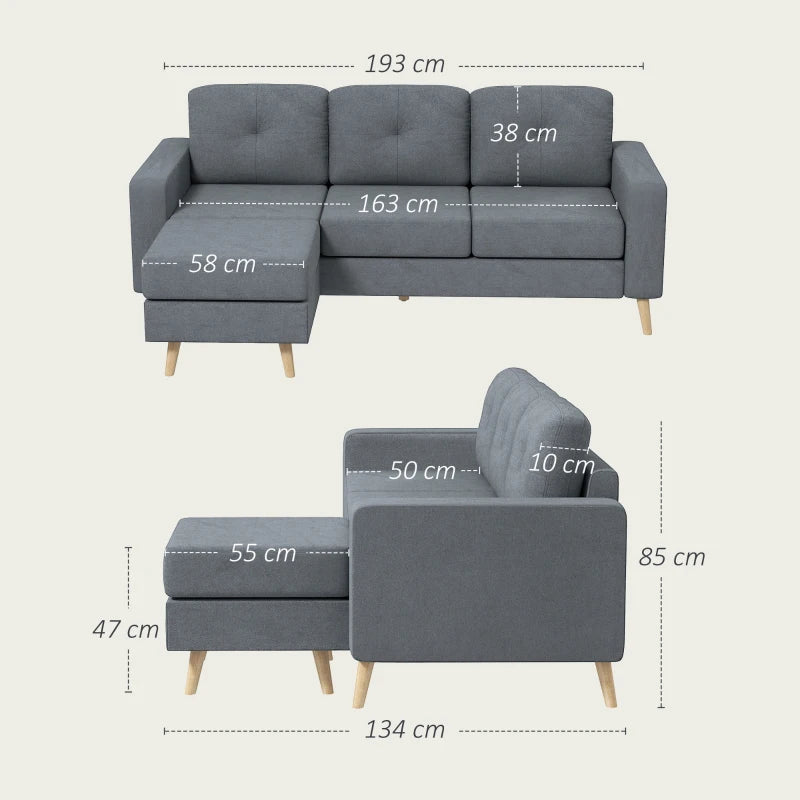L-Shaped 3 Seater Sofa with Footstool - Fabric Sectional Couch for Small Spaces, Dark Grey, Ideal for Living Room or Office