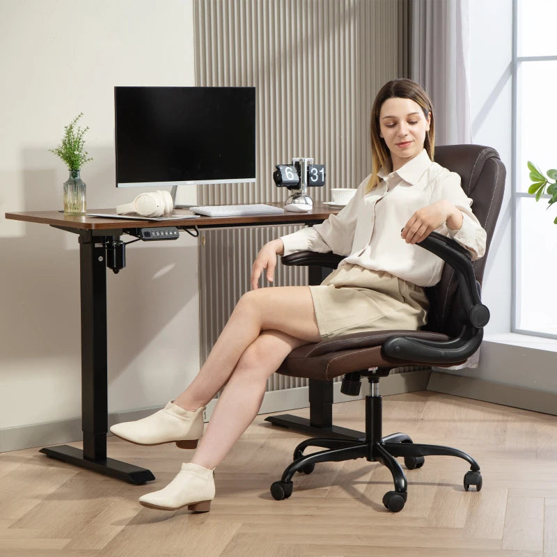 Stylish Brown Faux Leather Office Chair with Flip-Up Armrests - Ergonomic Design for Comfort and Productivity