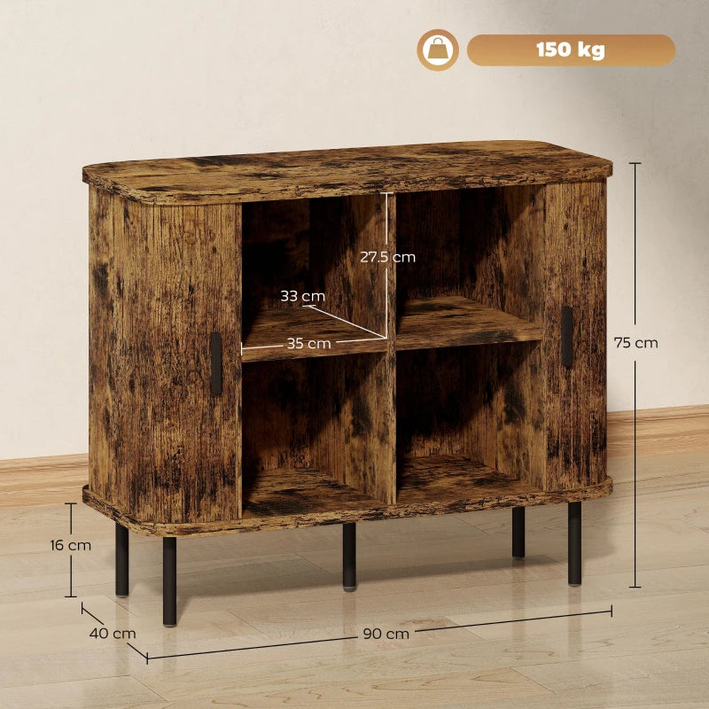 Mid-Century Modern Sideboard Storage Cabinet with Slatted Tambour Doors - Rustic Brown Kitchen Cabinet with Steel Legs