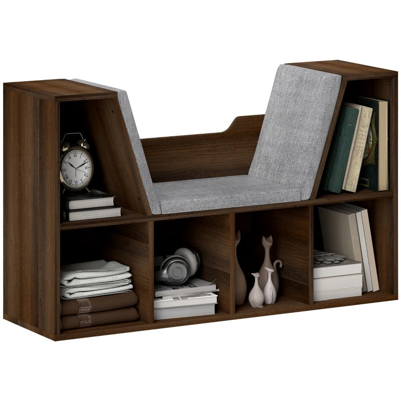 Chestnut Bookcase Storage Shelf with Cushioned Reading Seat - Cube Bookshelf Organizer for Bedroom & Living Room