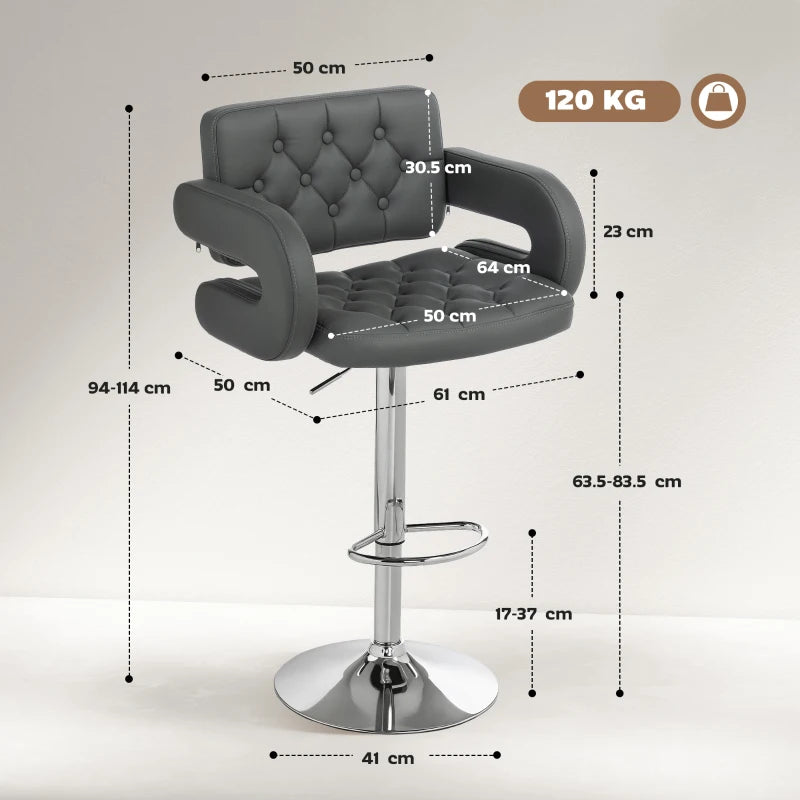 Adjustable Grey PU Leather Swivel Bar Stool with Back, Armrest & Footrest - Modern Height-Adjustable Design for Home & Bar