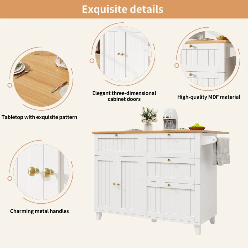 Rolling Mobile Kitchen Island Cart with Drawer & Storage, Drop Leaf, Multi-Functional Design, 133L x 70W x 88H cm, White