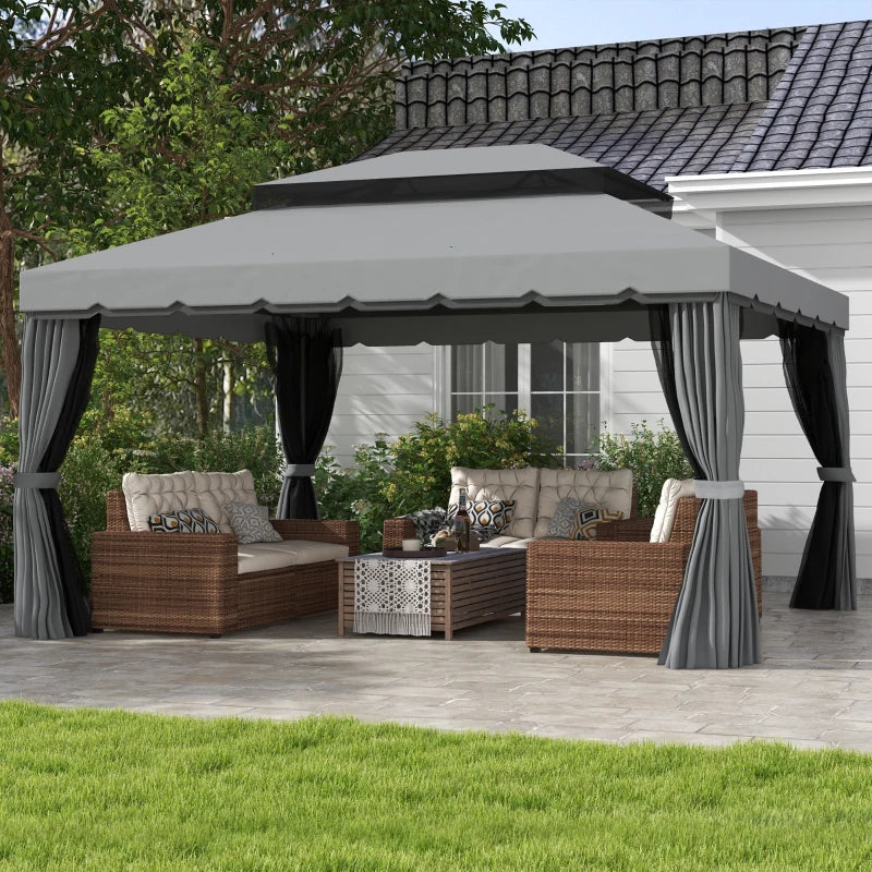 3 x 4m Light Grey Aluminium Garden Gazebo Canopy Shelter Pavilion Tent with Nets and Curtains for Outdoor Parties