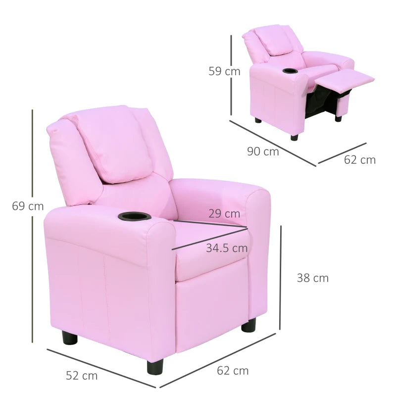 Pink Kids Recliner Chair - PU Leather, Adjustable Backrest & Footrest, Padded Headrest for Comfort - Perfect for Playrooms