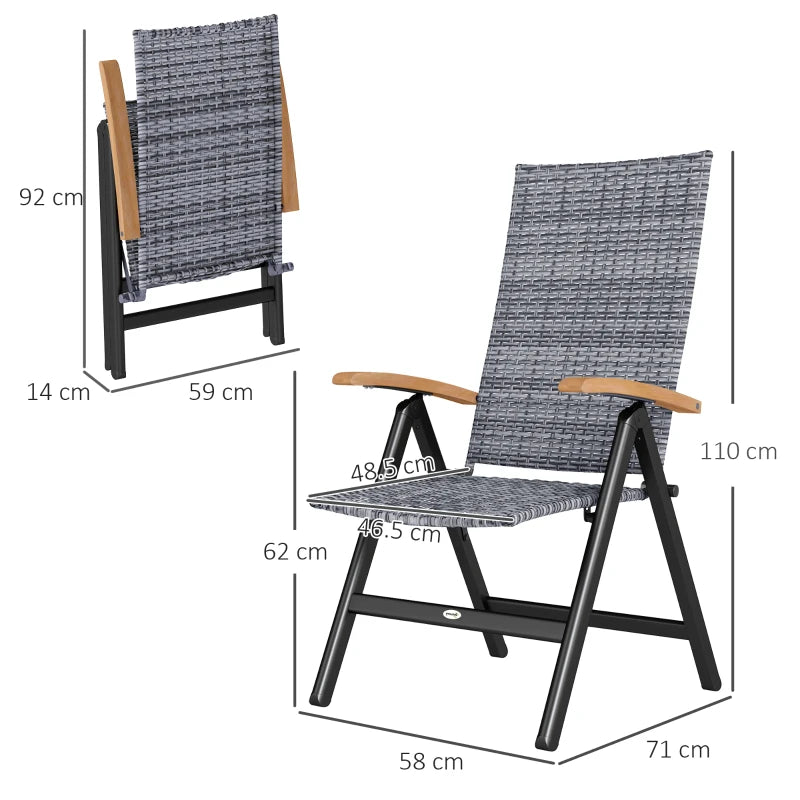 2-Piece Folding Rattan Garden Dining Chairs Set - 5-Level Reclining High Back, Wood Armrests, Outdoor Light Grey