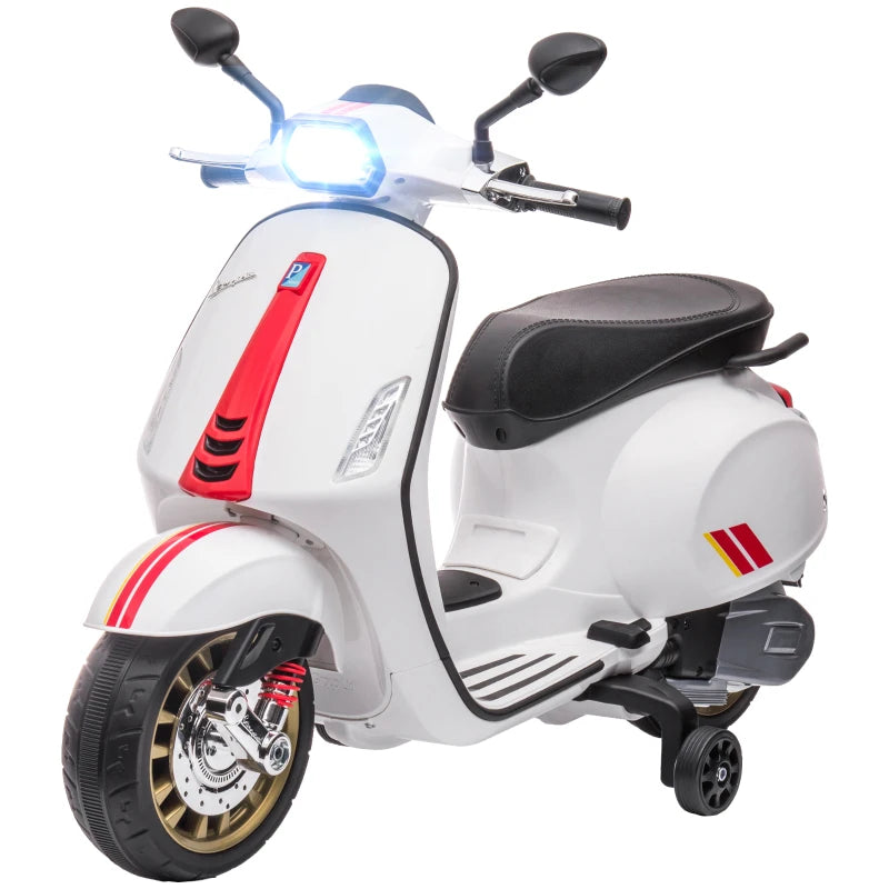 Licensed 12V Kids Electric Vespa Motorbike with Music Headlights FM Radio for Ages 3-6 White