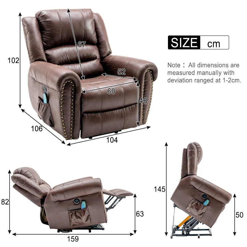 Large Executive Power Lift Recliner Chair with Heating and Massage, Heavy Duty Faux Leather, USB Port, Brown
