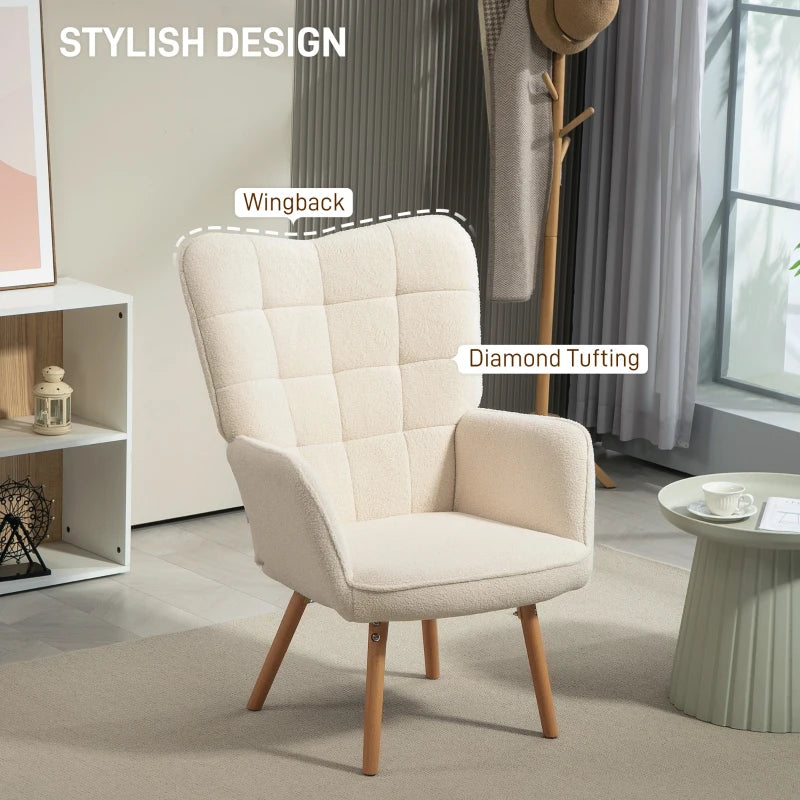 Modern Cream White Accent Chair - Upholstered Tufted Wingback Armchair with Teddy Fleece, Padded Seat & Wood Legs for Bedroom