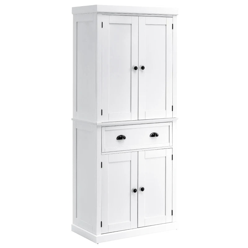 Freestanding 184cm Tall Kitchen Cupboard - Colonial 4-Door Pantry Storage Cabinet with Drawer, White Finish