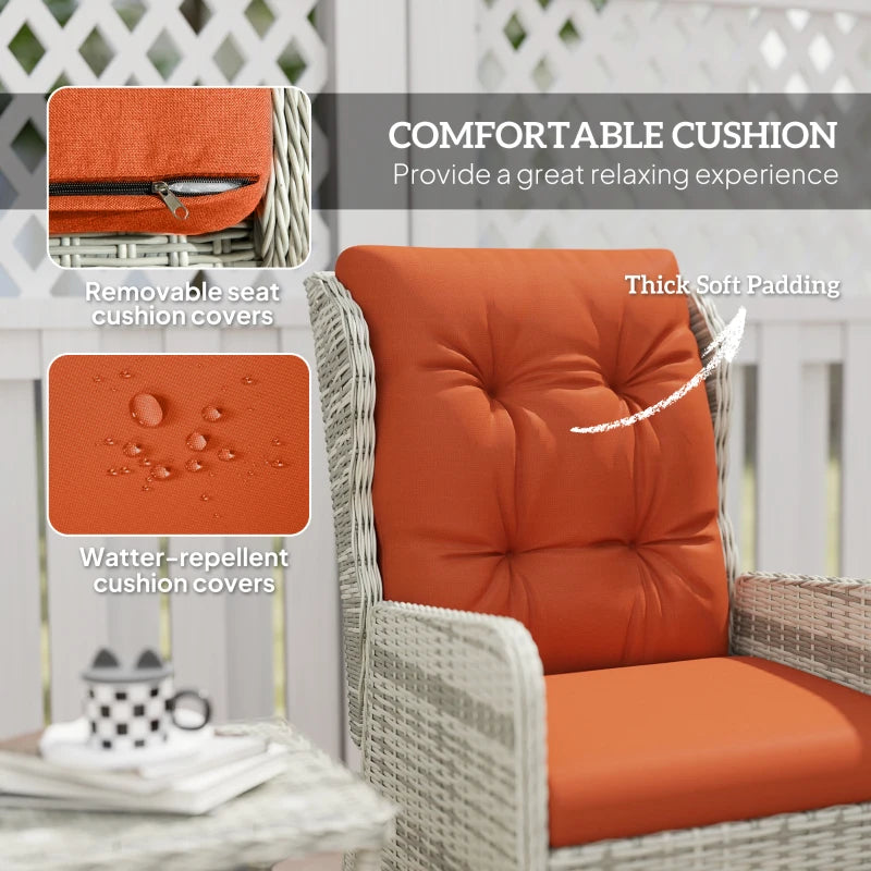 5-Piece Orange Rattan Bistro Set - Adjustable Back Reclining Wicker Balcony Furniture with Cushions, Glass Top Coffee Table and Footstools - Outdoor Table and Chairs