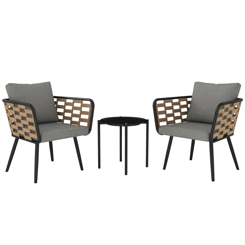 3 Piece Rattan Bistro Set with Cushions and Glass Top Table for Outdoor Patio