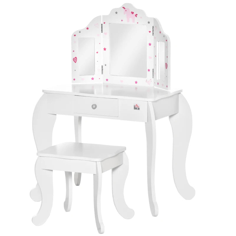 Kids Vanity Table Set with Tri-Folding Mirror and Stool Makeup Dressing Table with Drawer White
