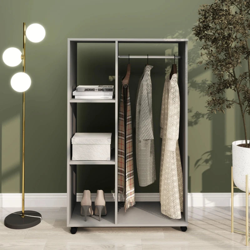 Mobile Open Wardrobe with Clothes Hanging Rail and Storage Shelves for Bedroom or Hallway Grey