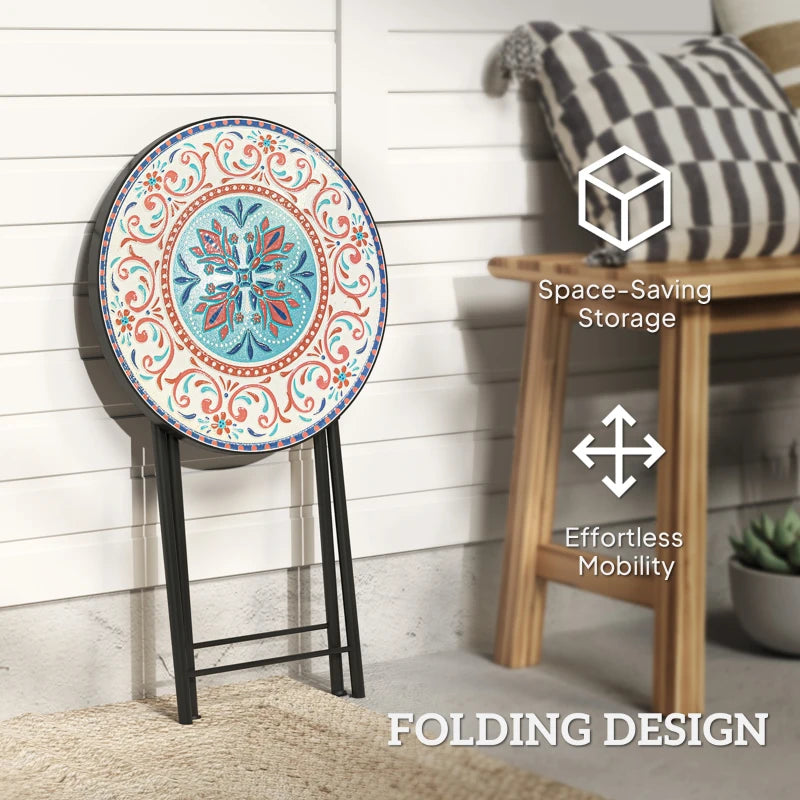 Mosaic Round Folding Garden Table, 35.5cm Metal Frame Coffee Table for Balcony, Multicolour