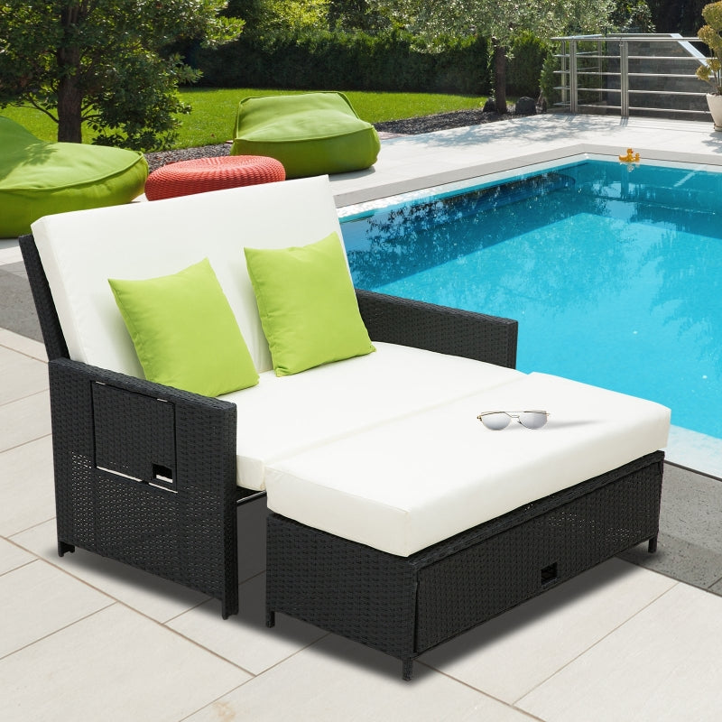 Black Rattan 2-Seater Sun Lounger Sofa Bed