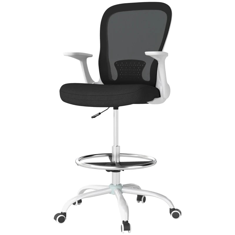 Ergonomic Draughtsman Chair - Mesh Drafting Chair with Flip-Up Armrests & Adjustable Foot Ring - Black & White Office Seating