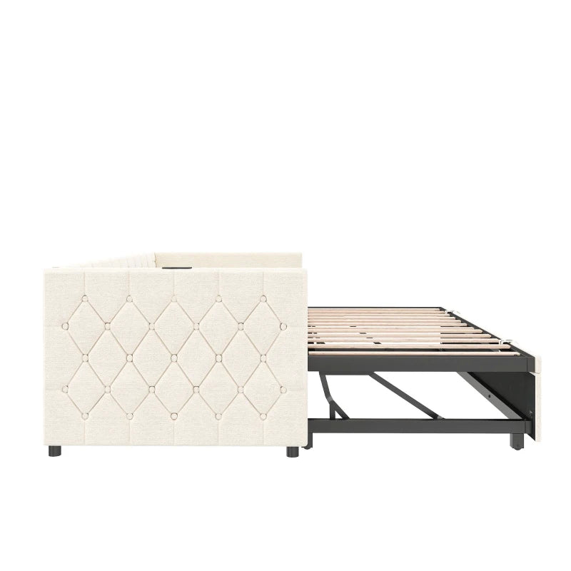 Upholstered Daybed with USB & Type-C Charging Station, Button-Tufted Sofa Bed for Compact Rooms, Beige, 206L x 193W x 71H cm