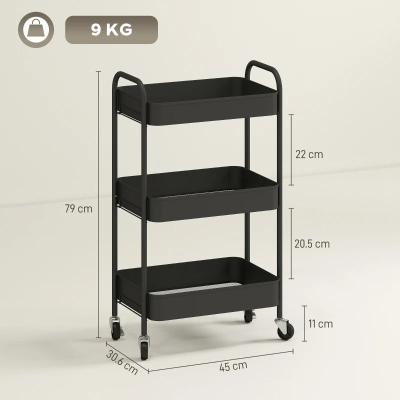 Three-Tier Black Steel Storage Trolley - Versatile Rolling Cart for Kitchen, Office, or Home Organization