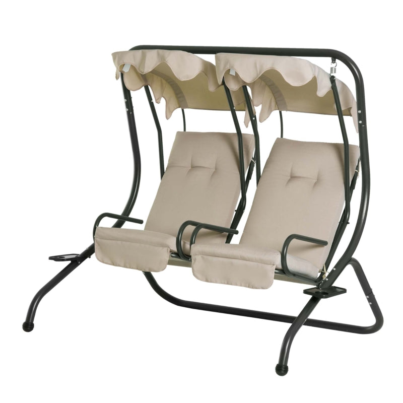Beige Garden Swing Chair Set with Canopy and Cushions