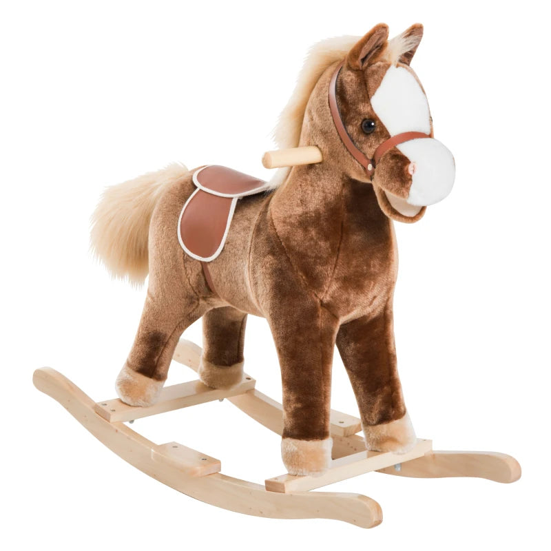 Kids Plush Rocking Horse with Wooden Base - Ride-On Toy for Ages 3+, Fun Gift for Children (Brown)