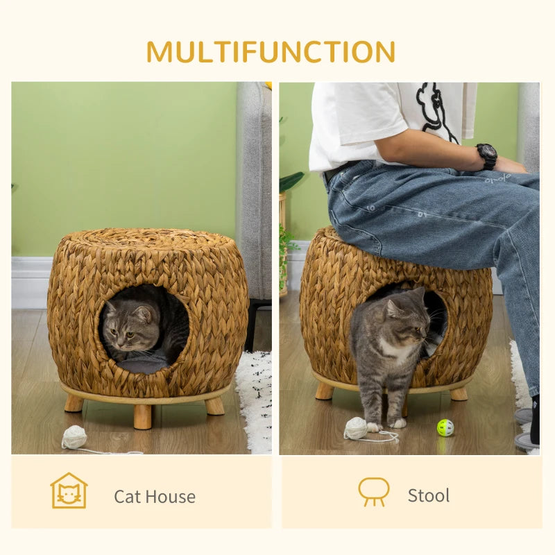 Wicker Cat Bed House Stool with Washable Cushion 44x43x41cm for Stylish Pet Comfort