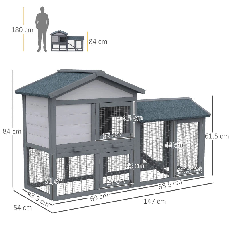 Premium Double Tier Wooden Rabbit Hutch Outdoor - Water-Resistant Roof, Ramp, 147x54x84 cm, Stylish Grey Design