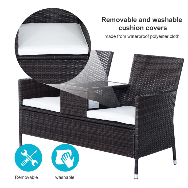 Brown Rattan 2-Seater Chair Set with Middle Tea Table
