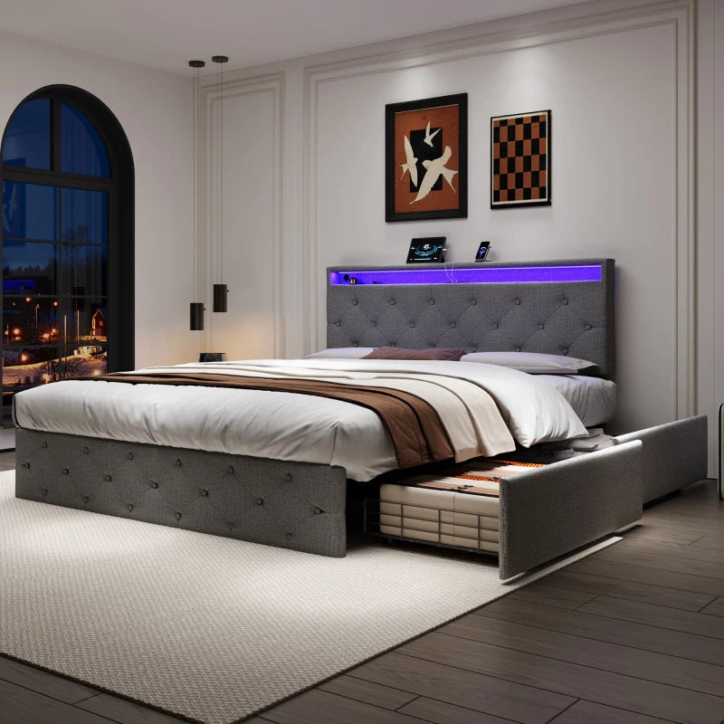 Modern Grey Double Upholstered Bed with Storage Drawers & Adjustable Button Tufted Headboard - 200L x 142W x 109H cm