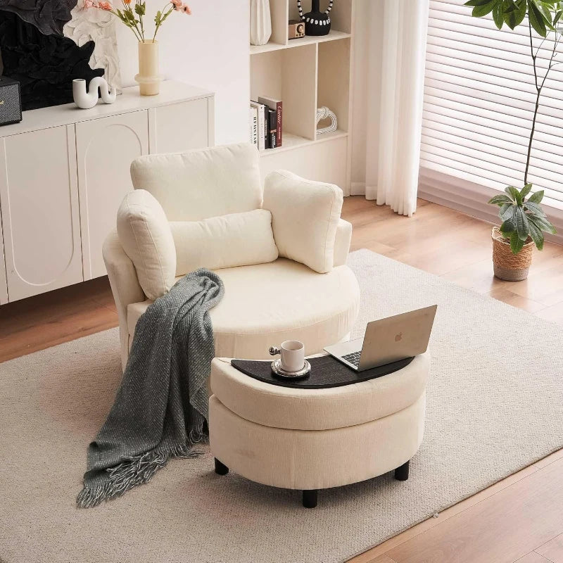 Ivory Chenille Swivel Armchair with Cushions and Ottoman Stool, 360° Recliner Sofa, 107L x 105W x 82H cm