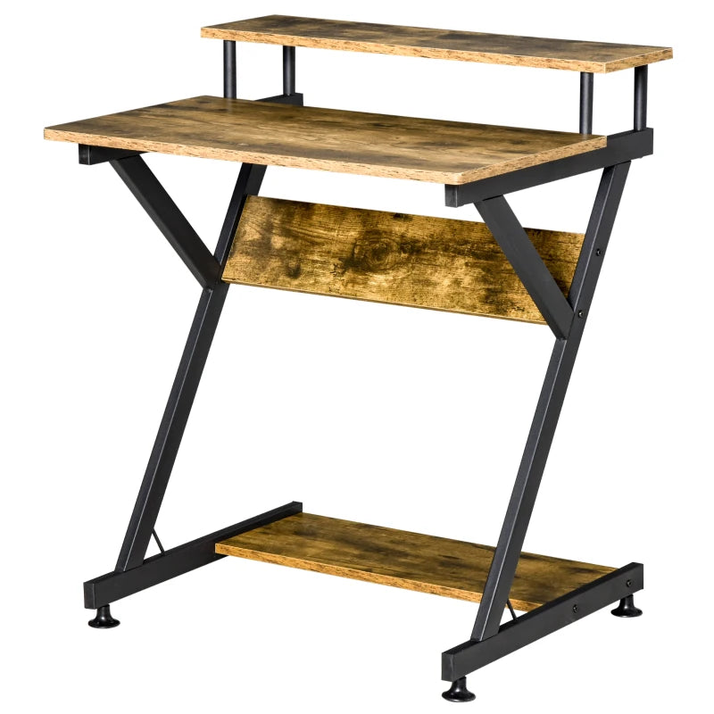 Industrial Computer Desk with Monitor Stand - 70x60cm Compact Home Office Desk for Small Spaces - Rustic Brown Finish