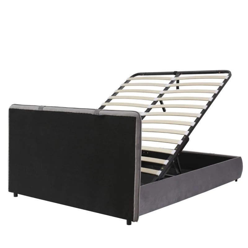 Upholstered Hydraulic Storage Bed with Removable Velvet Headboard - Grey, 210x159x90 cm, Stylish & Functional Bedroom Furniture