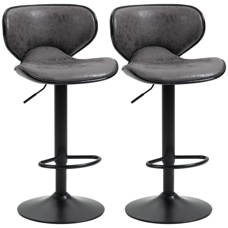 Set of 2 Adjustable Height Kitchen Stools - Leather Upholstered Dark Grey Bar Stools with Back (61-81cm)