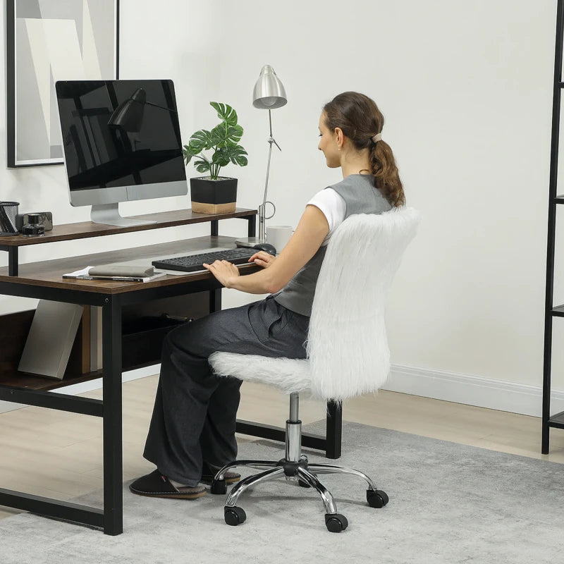 Modern White Plush Office Desk Chair - Armless Swivel Vanity Chair with Adjustable Height for Home, Bedroom & Living Room