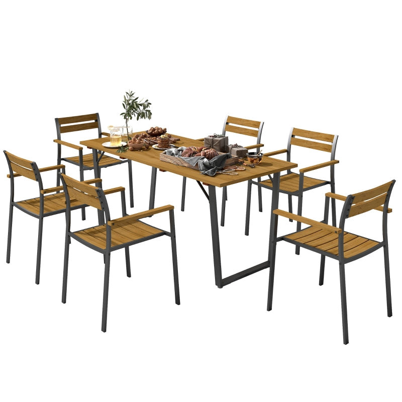 7-Piece Garden Dining Set - Fir Wood Table & 6 Stackable Chairs with Umbrella Hole