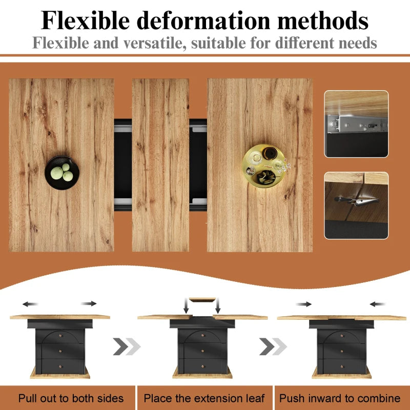 Telescopic Foldable Kitchen Table for 4-6 People with Soft-Close, Hidden Storage, 110x80x75 cm, Black & Natural Finish