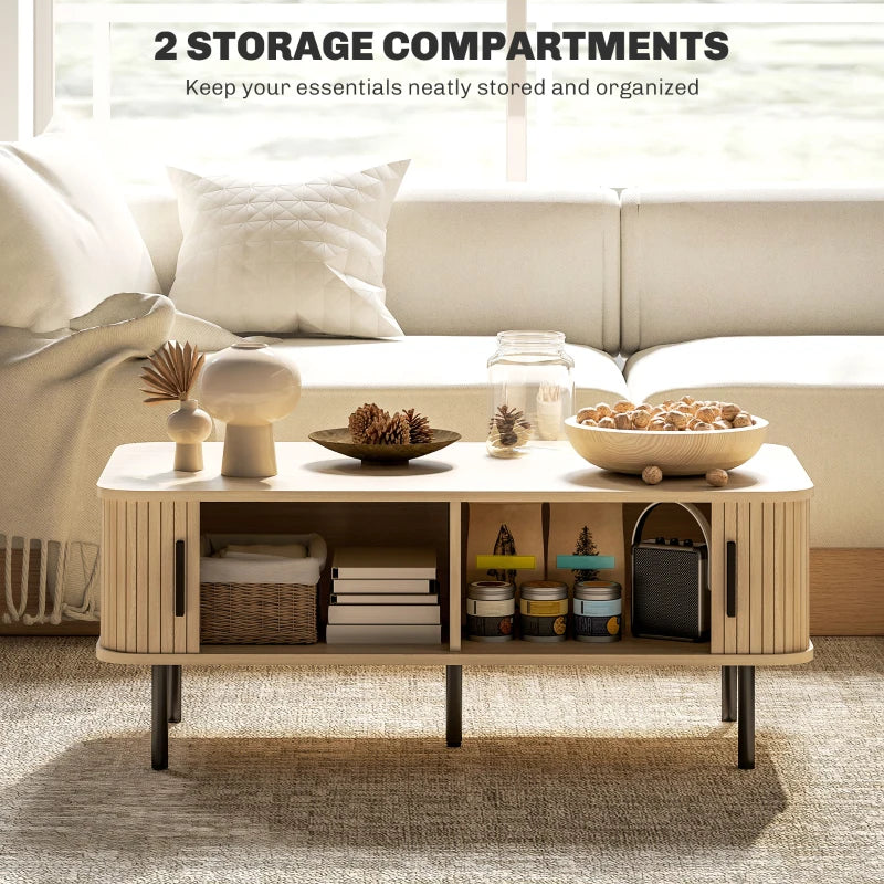 Modern Oak Coffee Table with Storage and Sliding Doors for Living Room